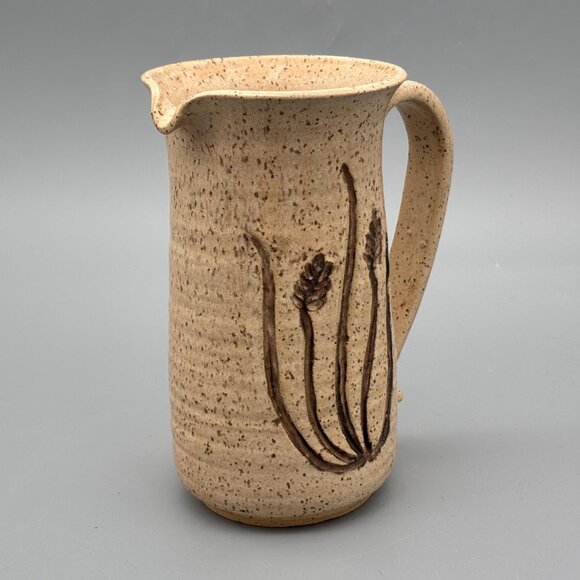 Vintage Studio Pottery Pitcher with Incised Wheat Design and Speckled Stoneware - Picture 2 of 8